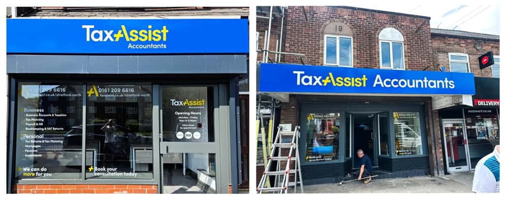 An collage of the TaxAssist outdoor signage and installation.